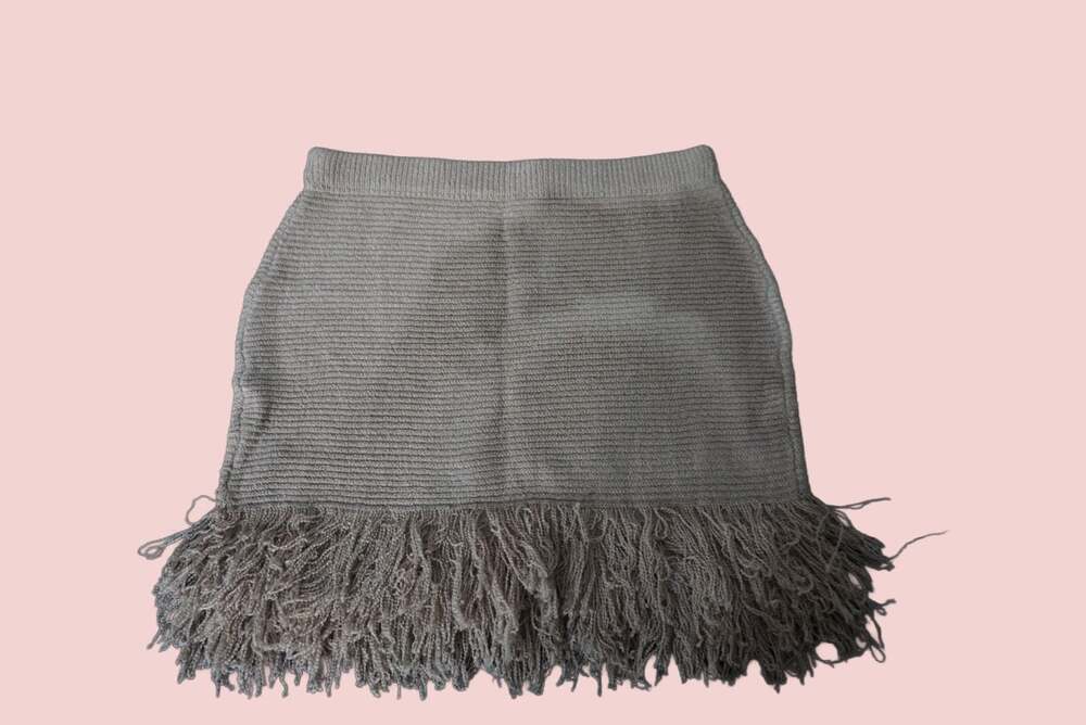 Ribbed Knit Mini Skirt with Fringe Hem